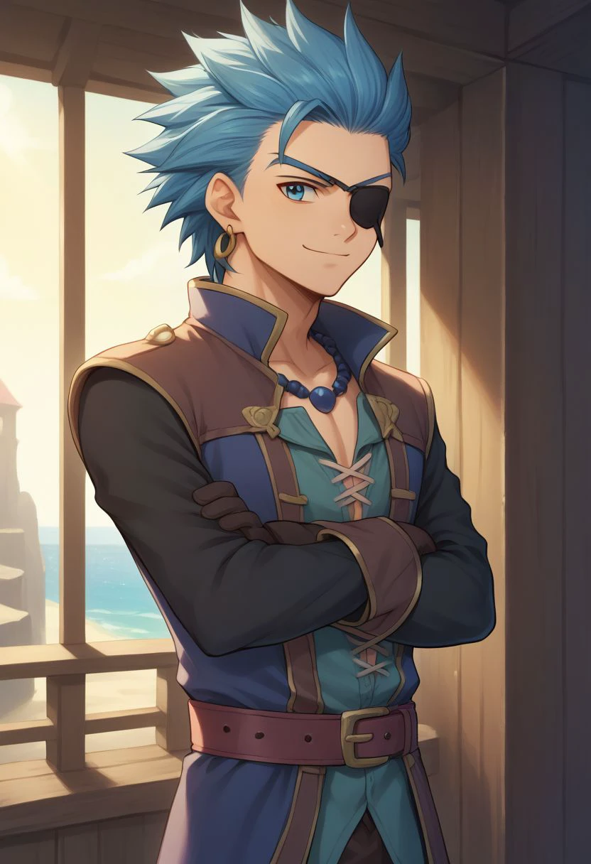 score_9, score_8_up, score_7_up, source_anime, highly detailed, 1boy, solo, male_focus, half body, half body, skinny,
erik, solo, 1boy, male focus, crossed arms, eyepatch,  blue hair, spiked hair, belt, standing, gloves, smile, pirate, shirt, coat,
outdoor,