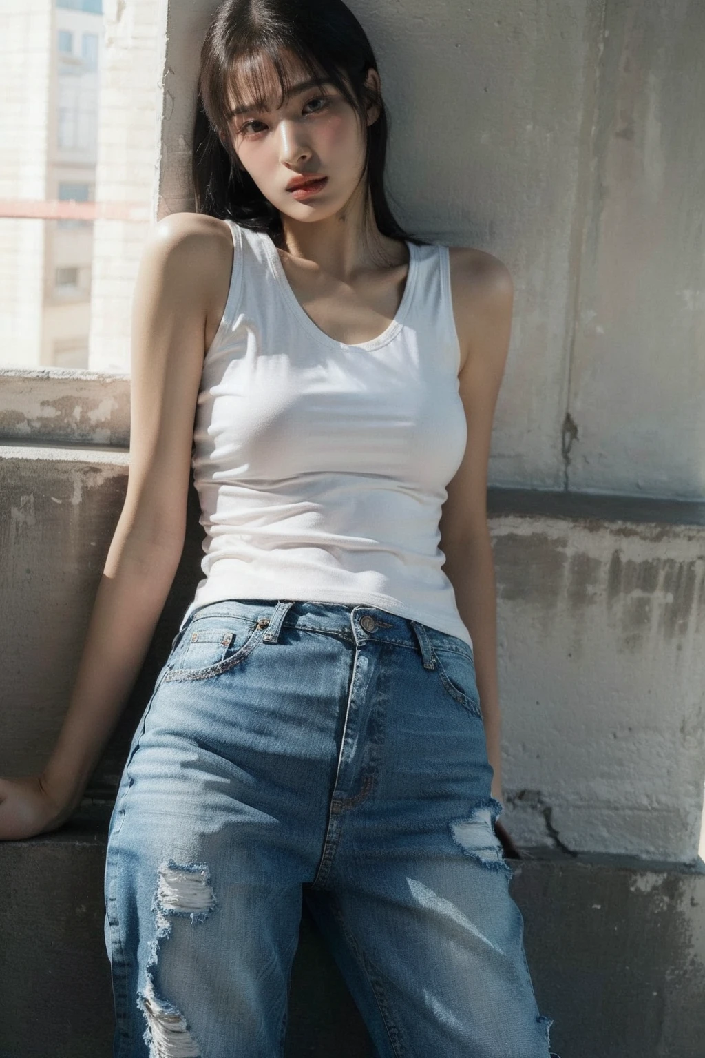(realistic), (hyperrealism),best quality, masterpiece,ultra high res, (photorealistic:1.4),1girl,(looking at viewer:1.2),1girl, solo, realistic, looking at viewer, parted lips, short jeans, tanktop,
, <lora:makina69_jinni_v1.0:1>