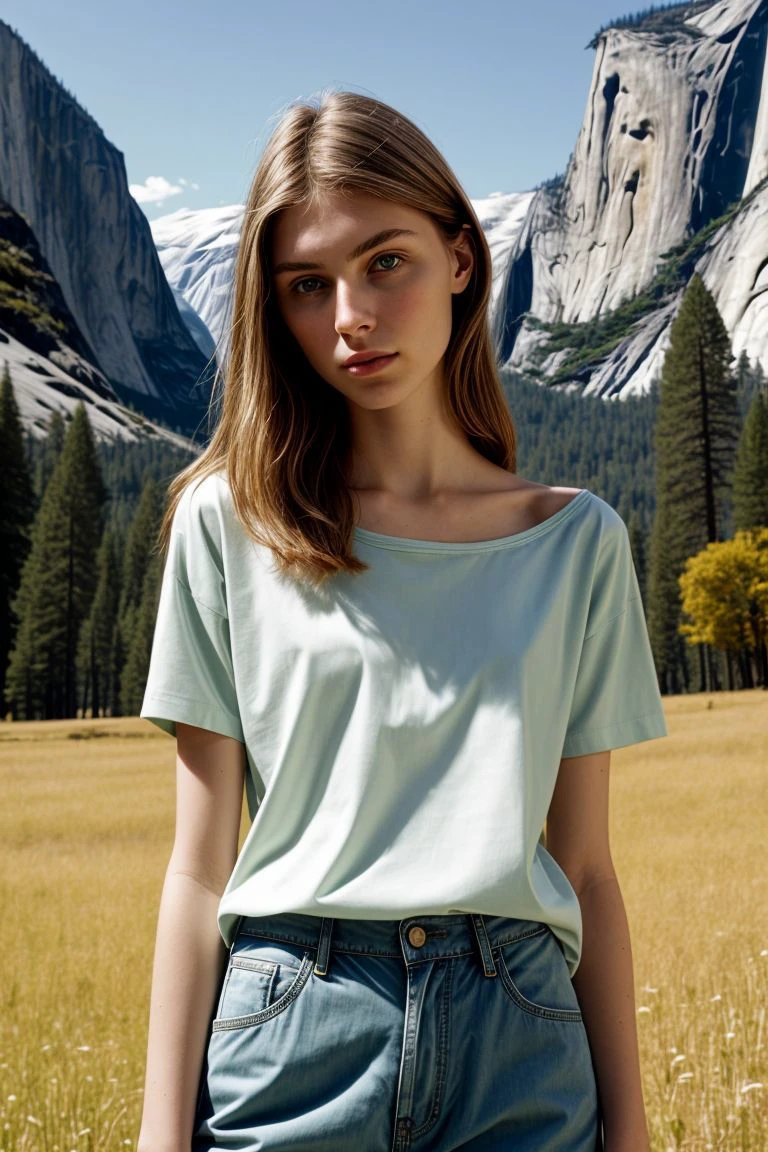 <lora:kawaii7.1.3_obj20:0.75:0.25>, European woman, closeup, sandals, (shirt), pants, (crater lake national park), ZM_amelia, wide shoulders, perfect face, (contact iris: 1.1), pale skin, skin pores , depth of field