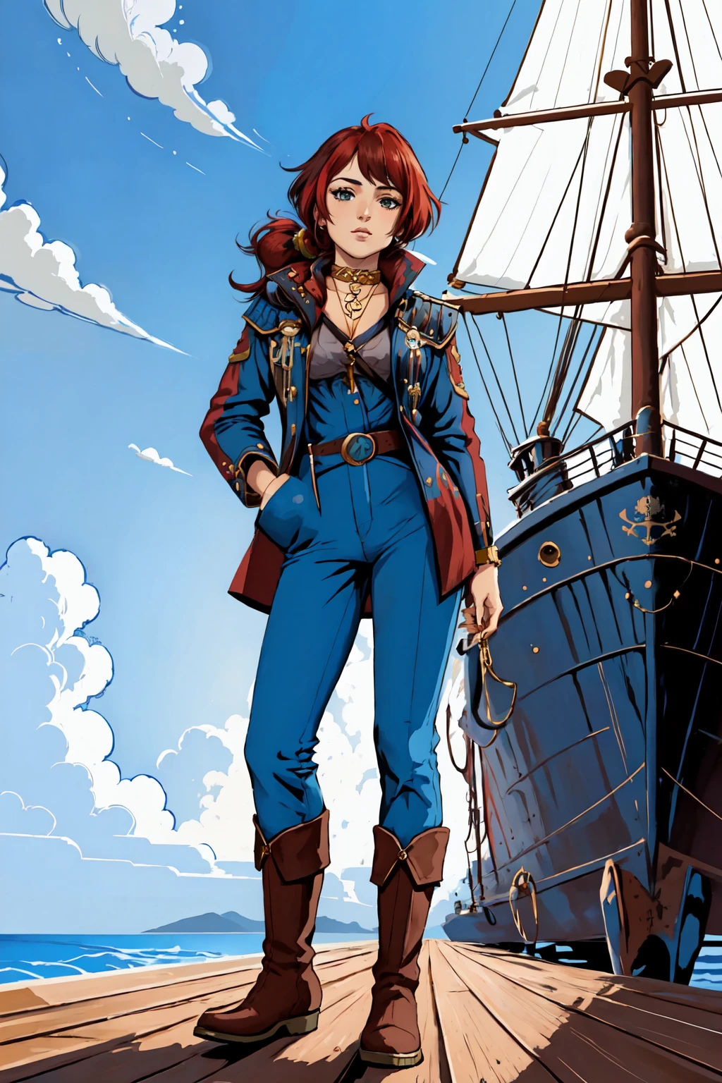 1girl,jhoiracurrent, <lora:JhoiraCurrent:0.65>,standing,ponytail,hair over shoulder,jacket,pants,boots,choker,jewelry,on deck of flying ship,wooden pirate ship,in sky,full body,looking at viewer,front shot,arms at sides,(((flat color,ligne claire,titin style)))