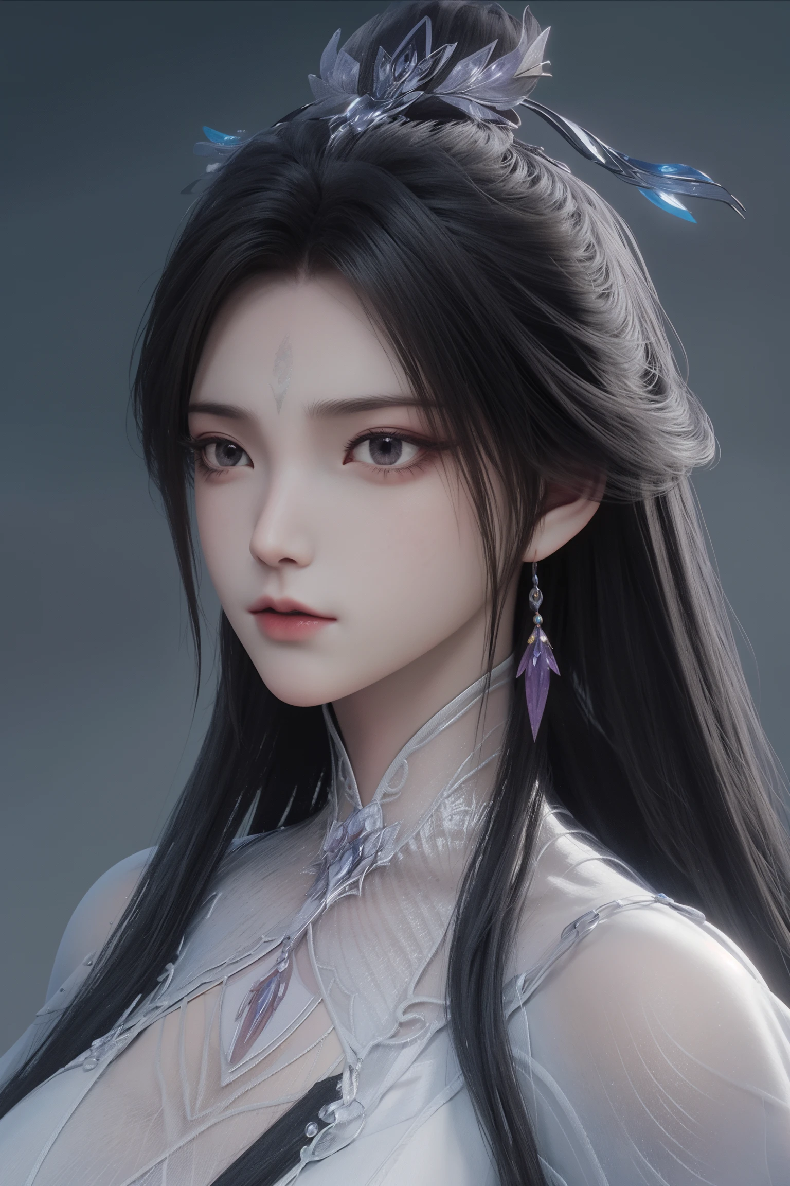 <lora:luxueqiCN:1>,luxueqi,
1girl,solo,jewelry,hair ornament,crystal earrings,earrings,long hair,black hair,forehead mark,upper body,crystal,crystal hair ornament,alpha transparency,see-through,hair bun,dress,grey background,white dress,facial mark,simple background,realistic,expressionless,single hair bun,closed mouth,, best quality , masterpiece, illustration, an extremely delicate and beautiful, extremely detailed ,CG,unity,8k wallpaper, Amazing, finely detail, masterpiece, best quality,official art,extremely detailed CG unity 8k wallpaper,absurdres, incredibly absurdres, huge filesize , ultra-detailed, highres, extremely detailed,beautiful detailed girl, extremely detailed eyes and face, beautiful detailed eyes,light on face,