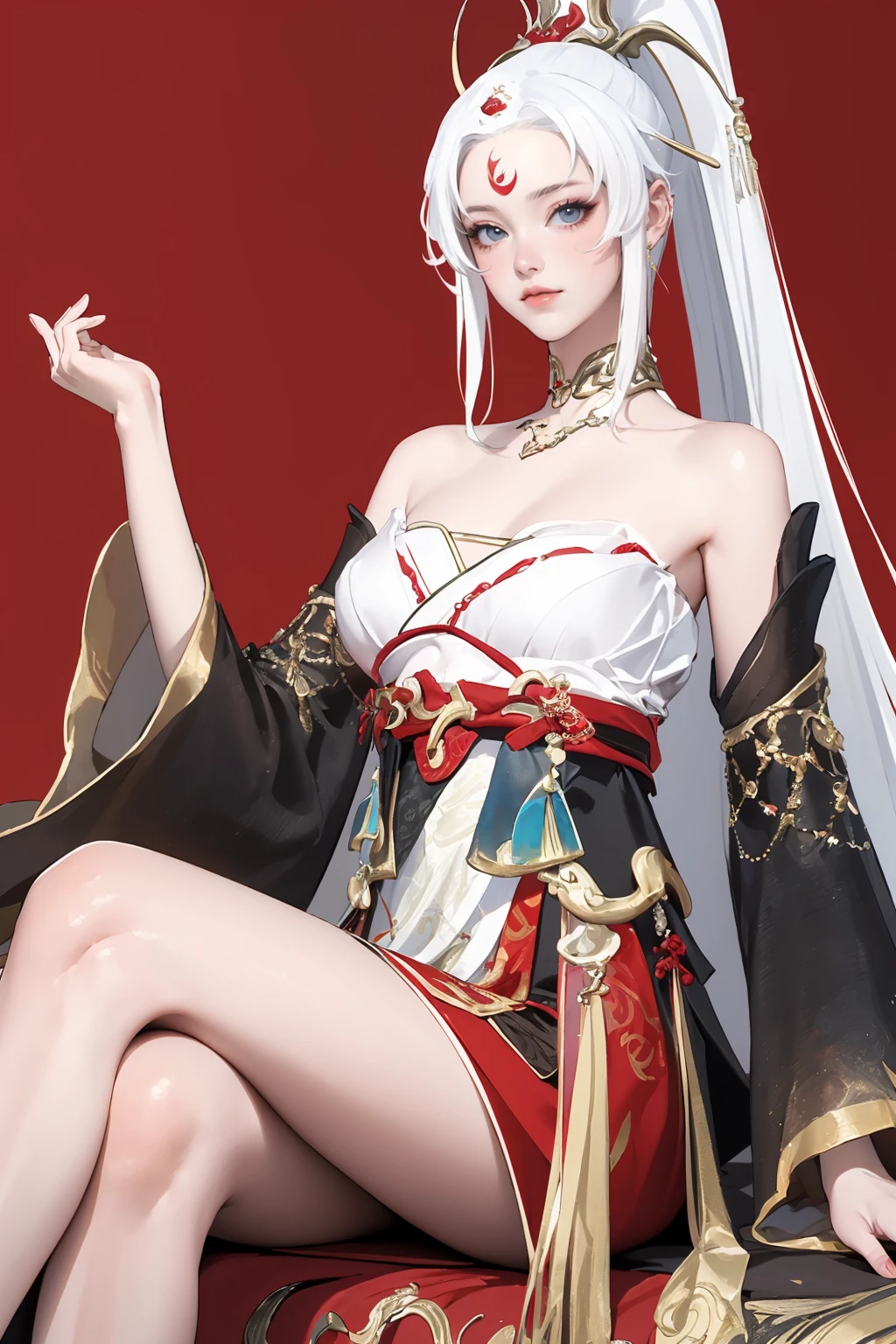 (masterpiece, best quality,masterpiece,illustration,),
1girl,very long hair,white hair,cowboy shot,pose,red background,
longyan,absurdly long hair,detached sleeves,jewelry,bra shoulders,ponytail,hagoromo,forehead mark,necklace,chinese clothes,
sitting on chair,crossed legs,<lora:longyan-000014:0.8>,