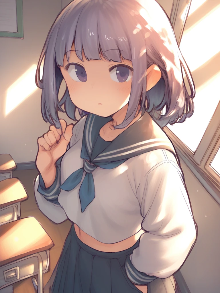 score_9, score_8_up, score_7_up, score_6_up, score_5_up, score_4_up,
1girl, (white short hair:1.2), purple inner hair, bangs, purple eyes, serafuku, classroom, <lora:hobbyanon_aaaa_quad-a_v1_PonyDiffusionV6XL:1.3>,
cowboy shot, looking at viewer, solo,
source_anime