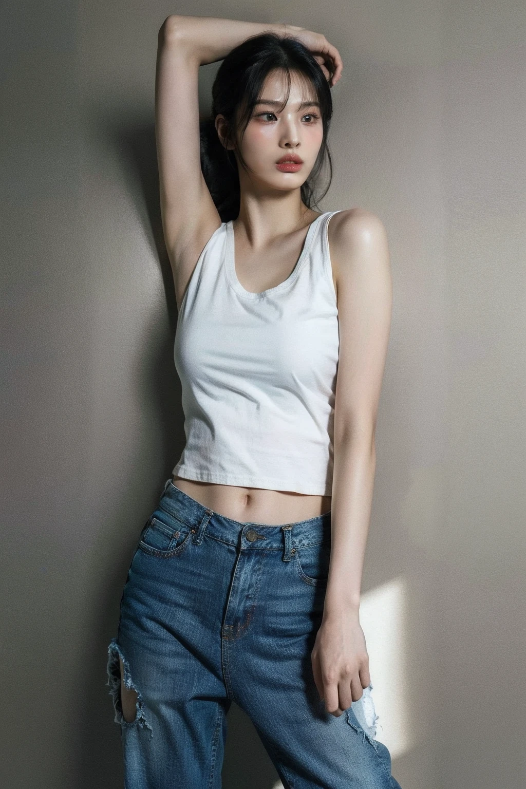 (realistic), (hyperrealism),best quality, masterpiece,ultra high res, (photorealistic:1.4),1girl,(looking at viewer:1.2),1girl, solo, realistic, looking at viewer, parted lips, short jeans, tanktop,
, <lora:makina69_jinni_v1.0:1>