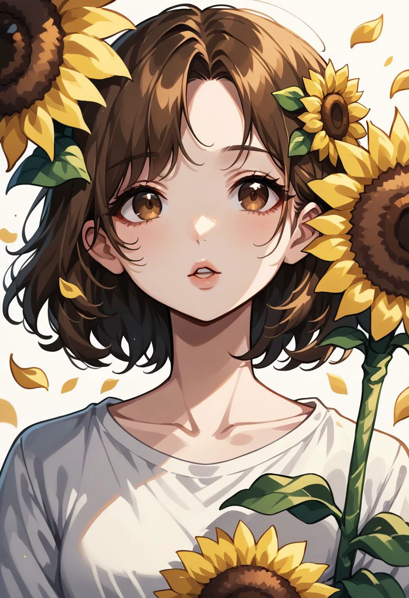 pastel style, 1girl, flower, sunflower, solo, hair ornament, brown eyes, hair flower, brown hair, looking at viewer, parted lips, petals, shirt, upper body, short hair, white shirt, collarbone, yellow flower, holding, holding flower, skirt, white background, lips, sunflower hair ornament, long sleeves, soft color, soft hues, chalk, pigment, pastel color, pastel pencil technique, soft color tones, pastel painting, pastel (medium), zPDXL