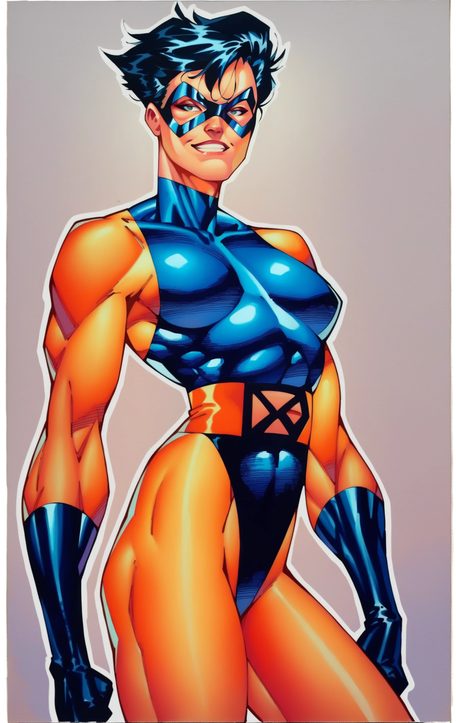 score_9, score_8_up, score_7_up, score_6_up, muscular, highleg leotard, superhero, looking at viewer, clenched fists, 1girl, breasts, black hair, solo, short hair, domino mask, standing, smile, belt, hatching (texture), marker (medium), traditional media, <lora:j_lee_xmen-06:1>