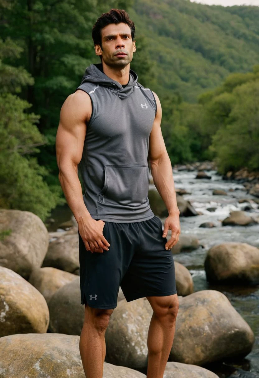 photo of johnathon schaech a man <lora:gaurav-arora_Johnathon-Schaech:1>, wearing a sleeveless well-fitted under armour hoodie and compression shorts, standing on a boulder, outdoor trail, 35mm photograph, film, bokeh, professional, 4k, highly detailed, creek in the background, natural lighting, golden hour