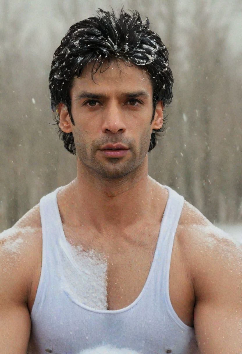 johnathon schaech a man <lora:gaurav-arora_Johnathon-Schaech:1>, high quality, (wearing white tank top:1.2), alaska, snow, winter, large pectorals, ectomorph body, red, pink, blue