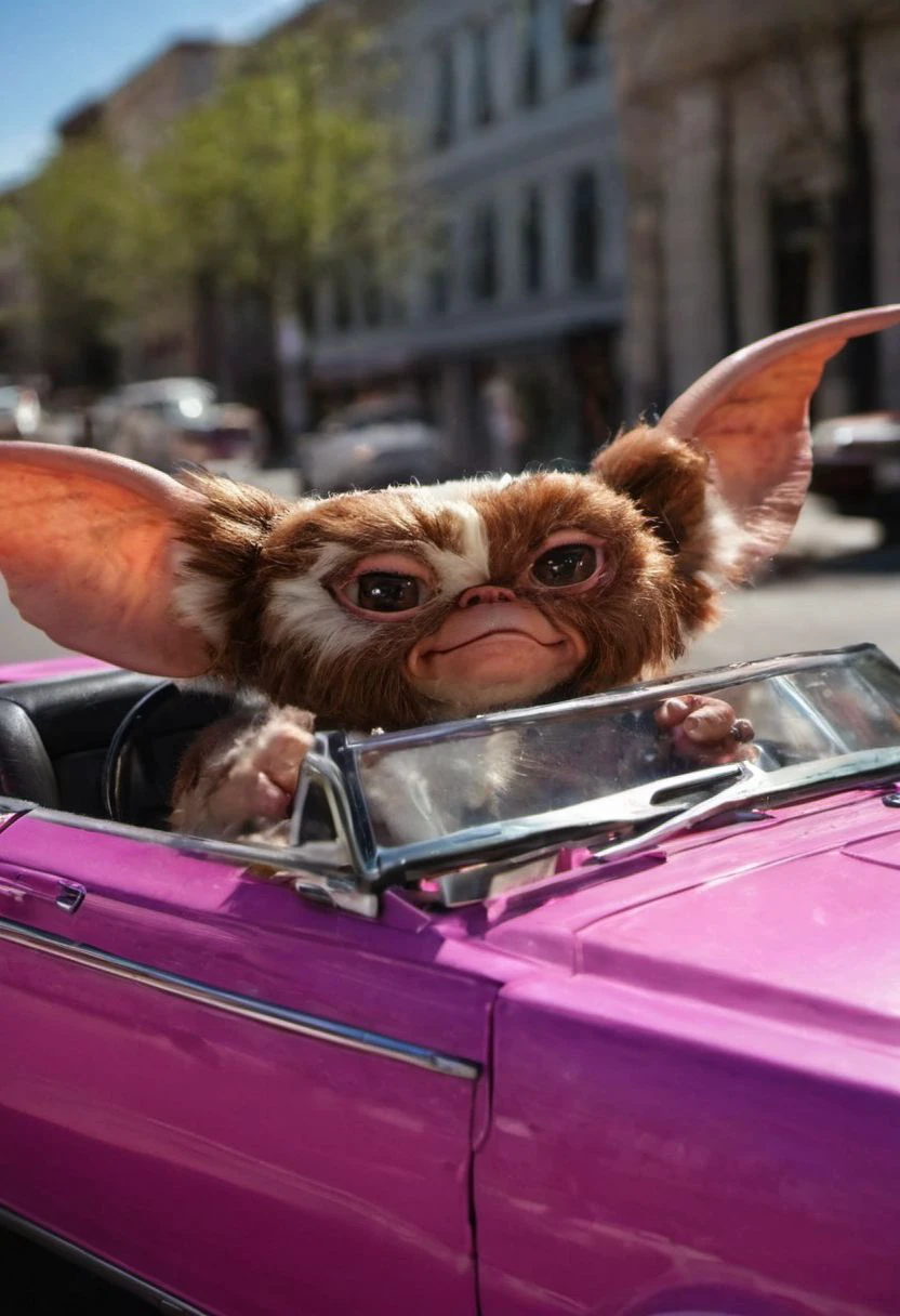 #giz#, (gremling driving a pink convertible car toy , Hands the steering, wheel down, hair moving through speed  :1.0) , amazing world, vivid colors, detailed , portrait in street of city, ( ultrarealist photography :1.3)