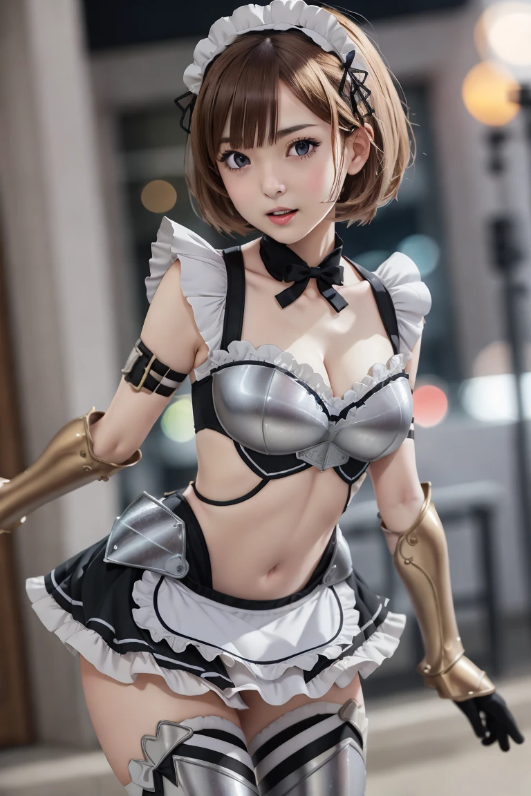 masterpiece, best quality,  1girl, maid-armor,  breasts, navel, hips, dynamic poses, dynamic angle, <lora:maid-armor:0.8>