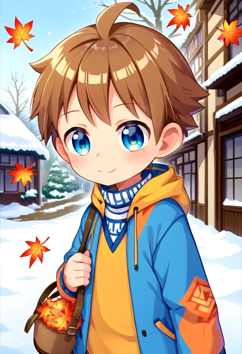 score_9, score_8_up, score_7_up, detailed eyes, autumn leaf, snowy, village, BREAK
straight on shot, standing,  <lora:PerfectEyesXL:0.8> perfecteyes,
 <lora:cutifiedanimecharacterdesign_variant_type_E_PonyXL_v10:0.7> 1boy, type-e,brown hair, shirt,  petite, young, solo, anime  style,
smile || bright smile