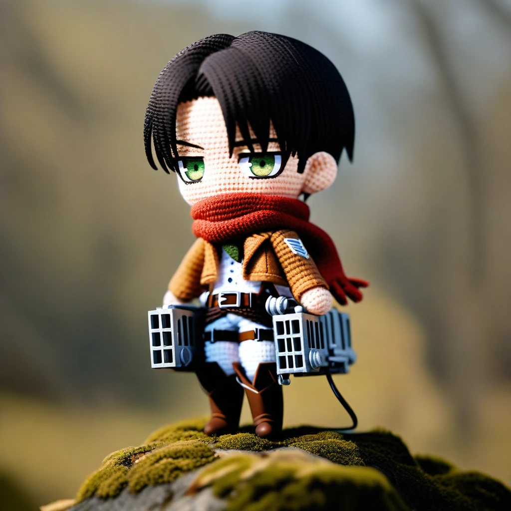 amigurumi-style, amigurumi, 1boy, male focus, solo, paradis military uniform, black hair, chibi, levi \(shingeki no kyojin\), jacket, blurry, green eyes, blurry background, boots, scarf, full body, brown jacket, belt, depth of field, three-dimensional maneuver gear, thigh strap, looking at viewer, short hair