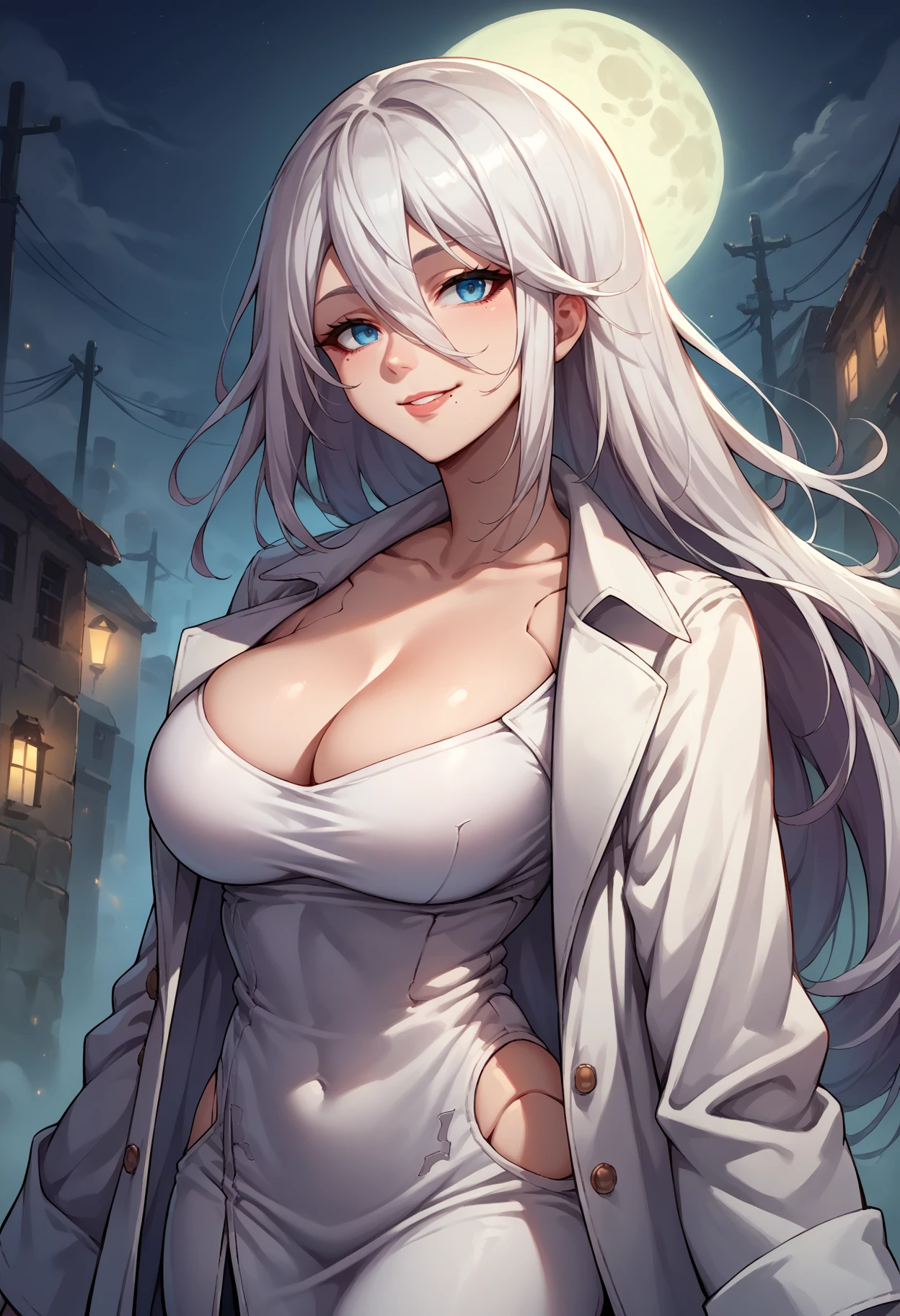 score_9, score_8_up,score_7_up, source_anime, <lora:EPnna2Pony:1>, EPnna2, 1girl, solo, white hair, long hair, blue eyes, hair between eyes, android, robot joints, mole under mouth, , smile, white trench coat,cleavage,standing,empty streets,night,fog,moon,