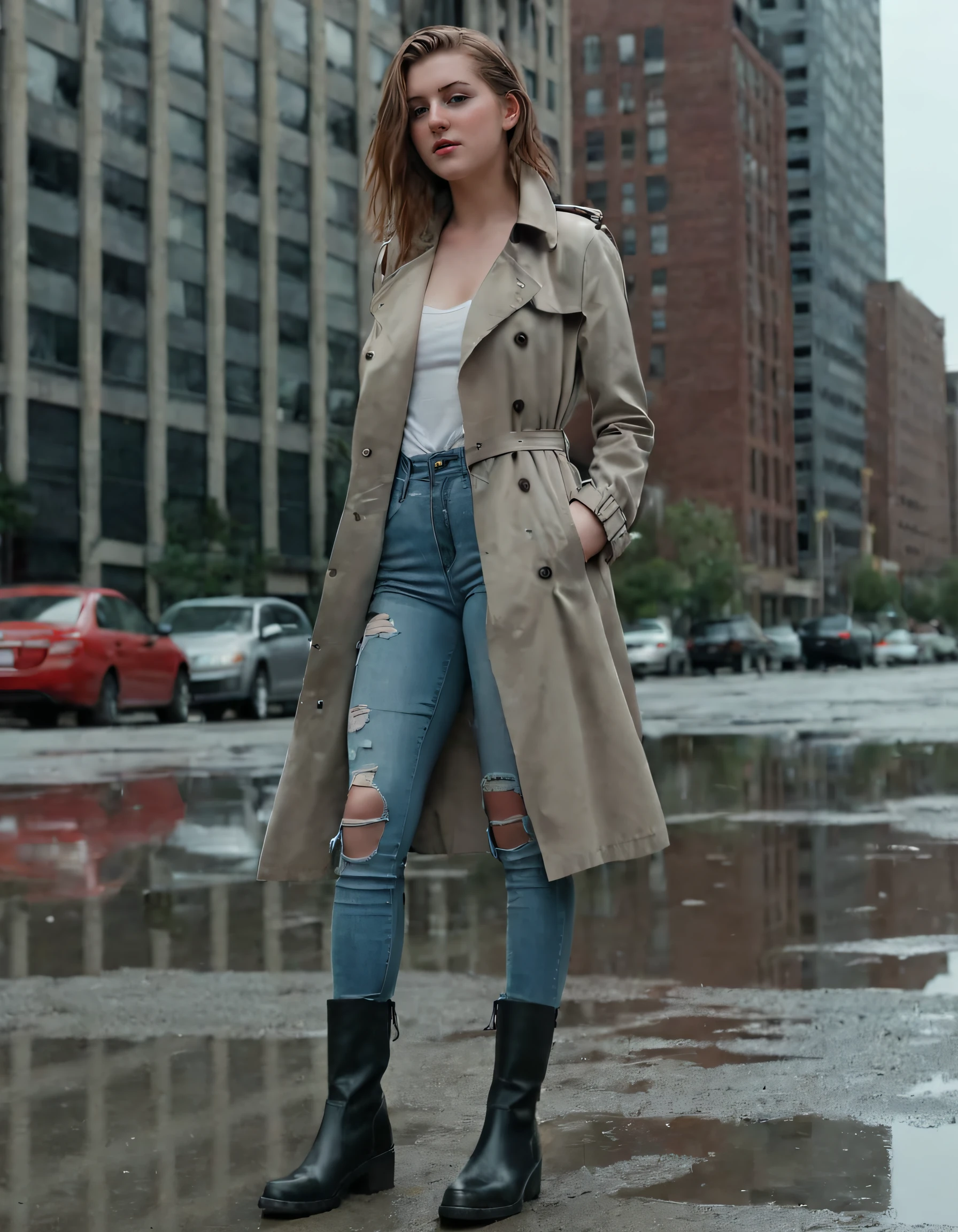 Kamryn Renae, empowered in the heart of a surreal urban landscape drenched with dusky hues, struts confidently wearing her edgy yet chic attireâa tailored trench coat, distressed jeans, and sturdy leather boots, gripping her hips firmly as she gazes mysteriously into the distance with a subtle smirk, embodying both power and enigma. <lora:pnrzjr18f73573330pf1:1>