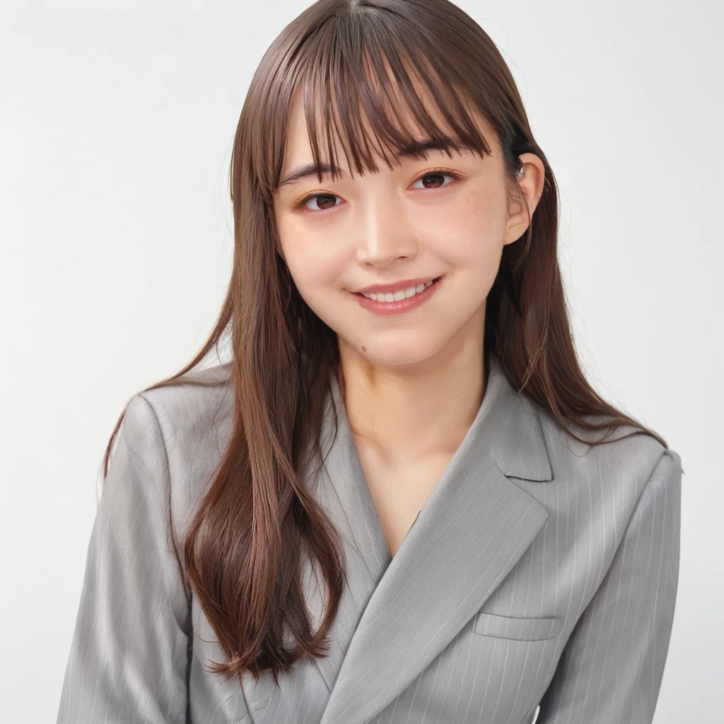 score_9, score_8_up, score_7_up, BREAK, source_real, raw, photo, amateur, 1girl, yua yaiba, mole near lip, smile, looking at viewer, brown hair, long hair, bangs, upper body portrait, grey formal suit, long sleeves, plain white background, <lora:Yua_Yaiba-000004:1> <lora:ponyRealism_v11:1>