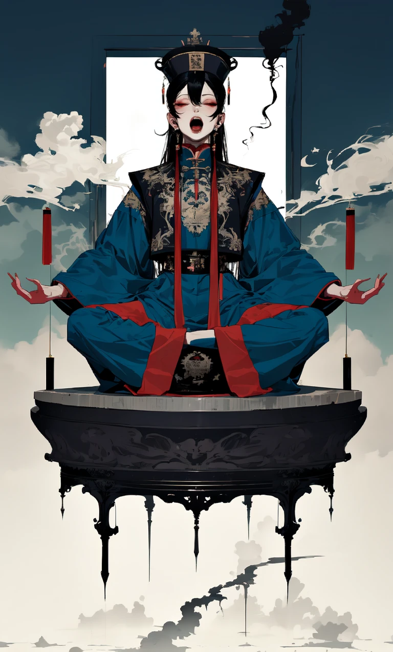 ((masterpiece)), ((best quality)), 8k, high detailed, ultra-detailed,1girl, jiangshi costume, jiangshi, solo, ofuda, sitting, black hair, open mouth, talisman, smoke,spliting style, zen pose, <lora:psycho_JiangS:0.8>