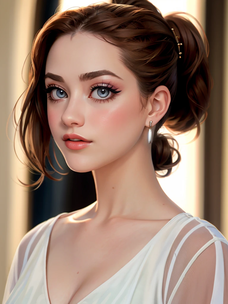 Realistic photo of a beautiful 3v4nr4ch3l woman,1girl, solo, long hair, breasts, brown hair, cleavage, jewelry, ponytail, earrings, lips, grey eyes, eyelashes, makeup, realistic, professional Photography, Photorealistic, detailed, RAW, analog, sharp focus, 8k, HD, DSLR, high quality, Fujifilm XT3, film grain, award winning, masterpiece<lora:3v4nr4ch3l:1.0>
