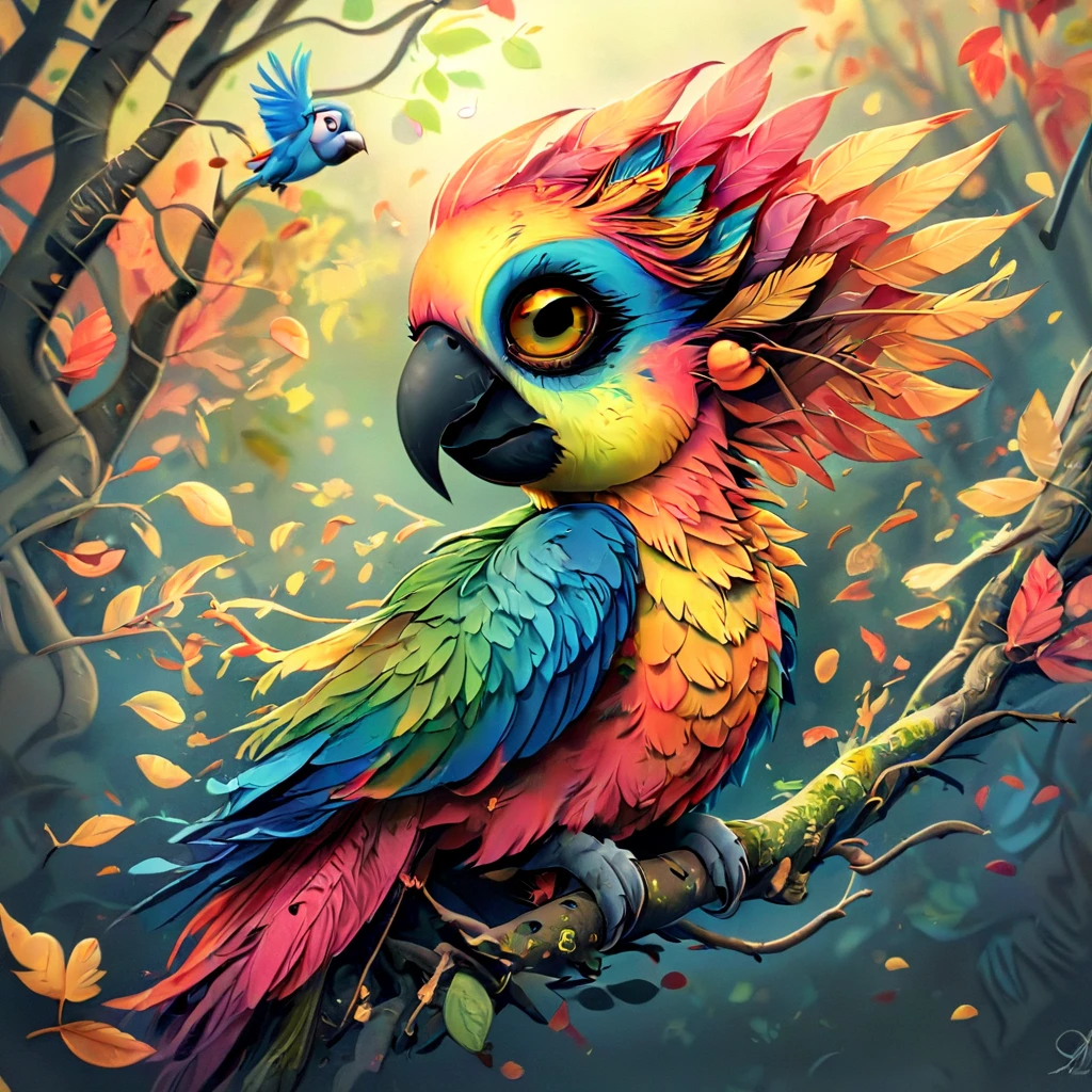 A vibrant and whimsical illustration of a colorful parrot perched on a branch. The parrot has large, expressive eyes and a variety of brightly colored feathers, including shades of blue, yellow, red, and green, giving it a playful and lively appearance. The background is softly blurred, with warm, golden hues and the subtle silhouettes of tree branches and leaves, creating a dreamy, magical atmosphere. Autumn leaves are scattered around the scene, some falling gently, adding to the sense of motion and life. The overall composition is charming and detailed, capturing the essence of the parrot in a fantastical, animated style
 <lora:artfullyBIRDS_SDXL_V1:.1> <lora:artfullyPAPERCUT_SDXL_V1:.8>, artbrdsprrt, artpprct <lora:artfullyECHELIER_SDXL_V1:.6>, artchlr <lora:artfullySTYLIZED_SDXL_V1:1>