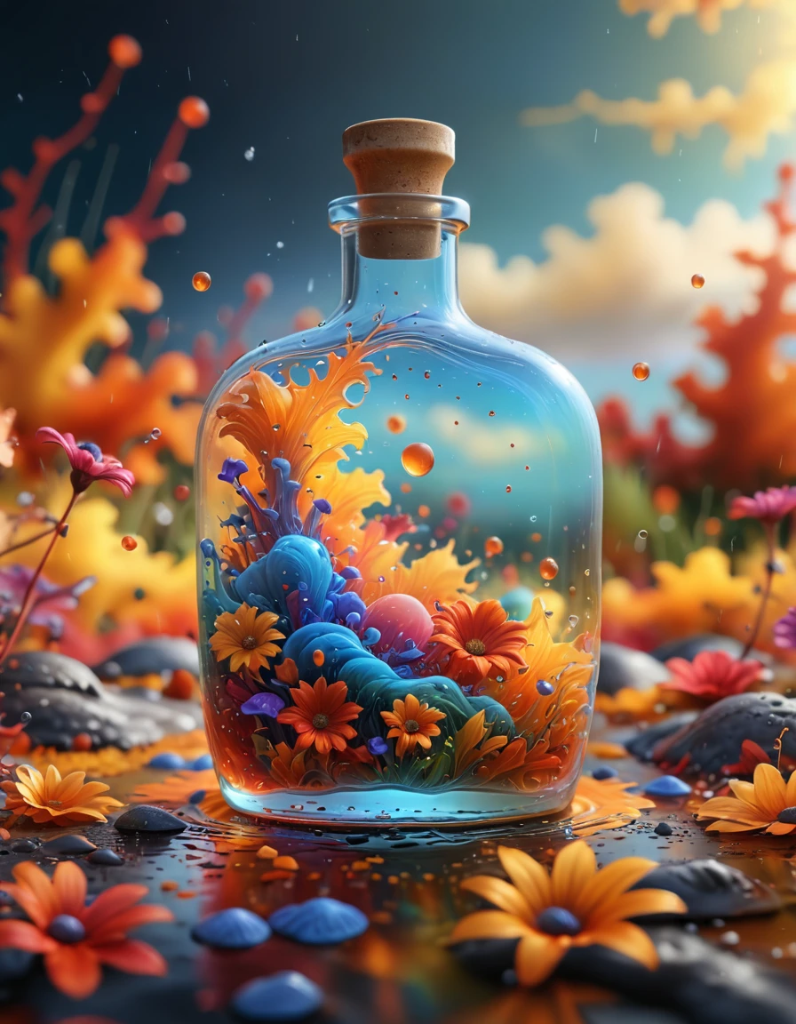 a bottle on a blank background, video game art, stylized, a potion in the shape of, autumn flower field, intricate details, shoulder-level shot of a Intellectual ("The End of Sea":1.3) , Masterpiece, Sci-Fi, Trendercore, the potion is colorful, iconography, <lora:ral-rndrps-sdxl:0.8> ral-rndrps, set logical ambient background, dynamic cinematic color, highly detailed, vivid colors