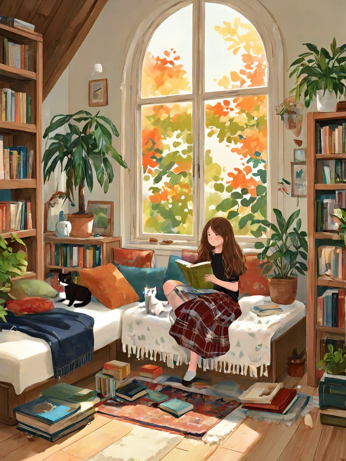 <lora:chatu0516:0.7>,illustrations,1girl,book,long hair,plant,cat,window,open book,solo,indoors,brown hair,skirt,tree,shirt,potted plant,sitting,rug,leaf,wide shot,black shirt,bookshelf,blanket,slippers,pillow,short sleeves,white cat,autumn,smile,holding,couch,book stack,bed,autumn leaves,