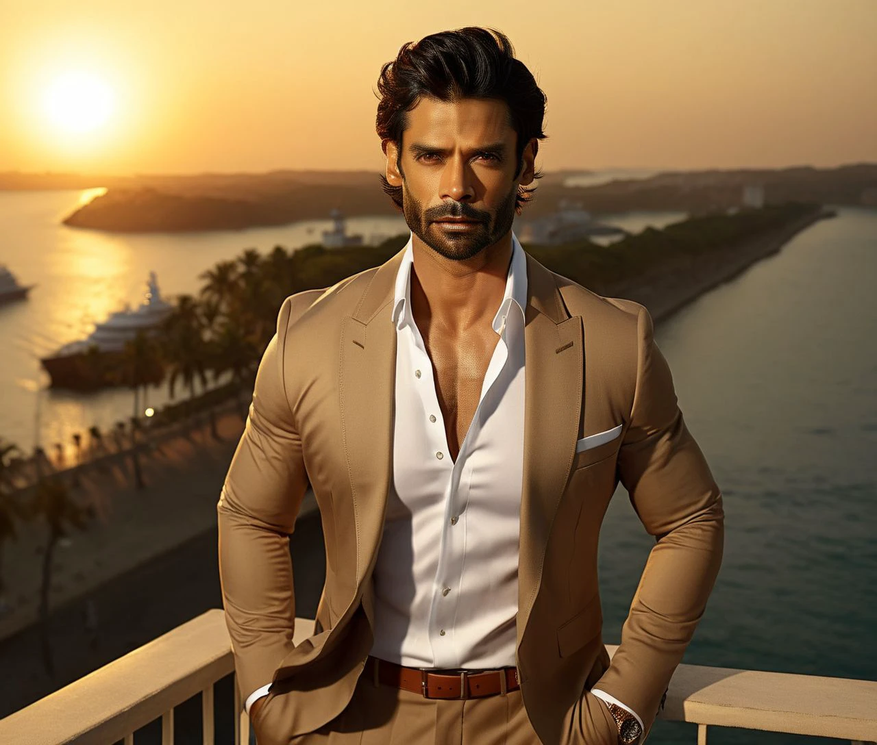 Nautical-themed (Photo:1.3) of (Ultrarealistic:1.3) <lora:Man_Men_FFashion:1> johnathon schaech a man <lora:gaurav-arora_Johnathon-Schaech:1> in a tan suit standing on a balcony, sun behind him, inspired by Pablo Munoz Gomez, shot at golden hour, editorial photograph, midshot of a hunky, by Roman Bezpalkiv, by Artur Tarnowski, maxim sukharev, by Gabor Szikszai,Highly Detailed,(Mono Color:1.3) . Sea, ocean, ships, maritime, beach, marine life, highly detailed