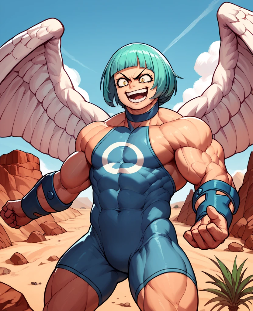 score_9,score_8_up,score_7_up,score_6_up,Munielxl,yellow eyes,aqua hair,blunt bangs,blue bodysuit,bike shorts,bare shoulders,blue bracers,desert,solo,<lora:Munielxl:1>,evil smile,blue attire,crazy smile,wings,biceps,muscular,thunder,cloudy sky,