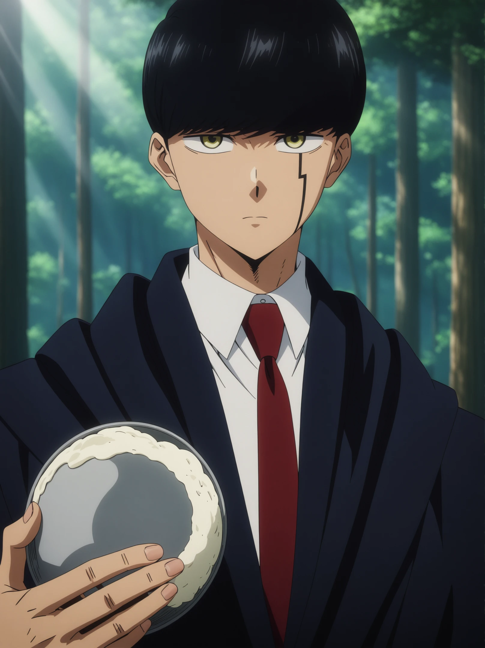 masterpiece, best quality, very aesthetic, ultra detailed, intricate details, 4k, anime style,
mashleai, 1boy, solo, male focus, bangs, black hair, yellow eyes, bowl cut, hair between eyes,
shirt, long sleeves, white shirt, necktie, collared shirt, belt, pants, formal, suit, red necktie, cloak, black cloak, wide sleeves, mashle, mash burnedead, 
upper body, looking at viewer, forest, outdoors, tree, sunlight, cloudy, <lora:Mashle_XL:1>