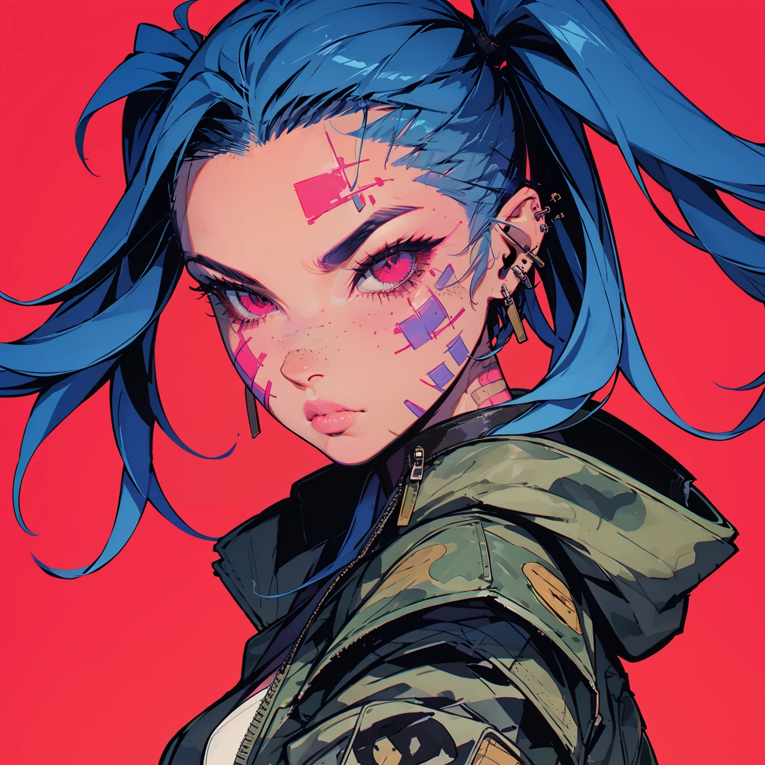 colorful, HEZI, Burst girl, gorgeous, detailed, 1girl, solo, jewelry, pink background, piercing, earrings, looking at viewer, pink eyes, jacket, ear piercing, tattoo, freckles, simple background, blue hair, black hair, eyebrow piercing, parted lips, bandaid, bandaid on face, long hair, upper body, portrait, dirty, eyelashes, dirty face, forehead, red eyes, cyberpunk, cross, patch, green jacket, twintails, zipper, from side, scar on face, scar, multiple earrings, bangs, lips, hood, messy hair, multicolored hair, open clothes, dark-skinned female, undercut, multiple piercings, hood down, red background, open jacket, cross earrings, facial tattoo, breasts, camouflage jacket<lora:ç¸è£æå¥³å©-000009:0.75>,