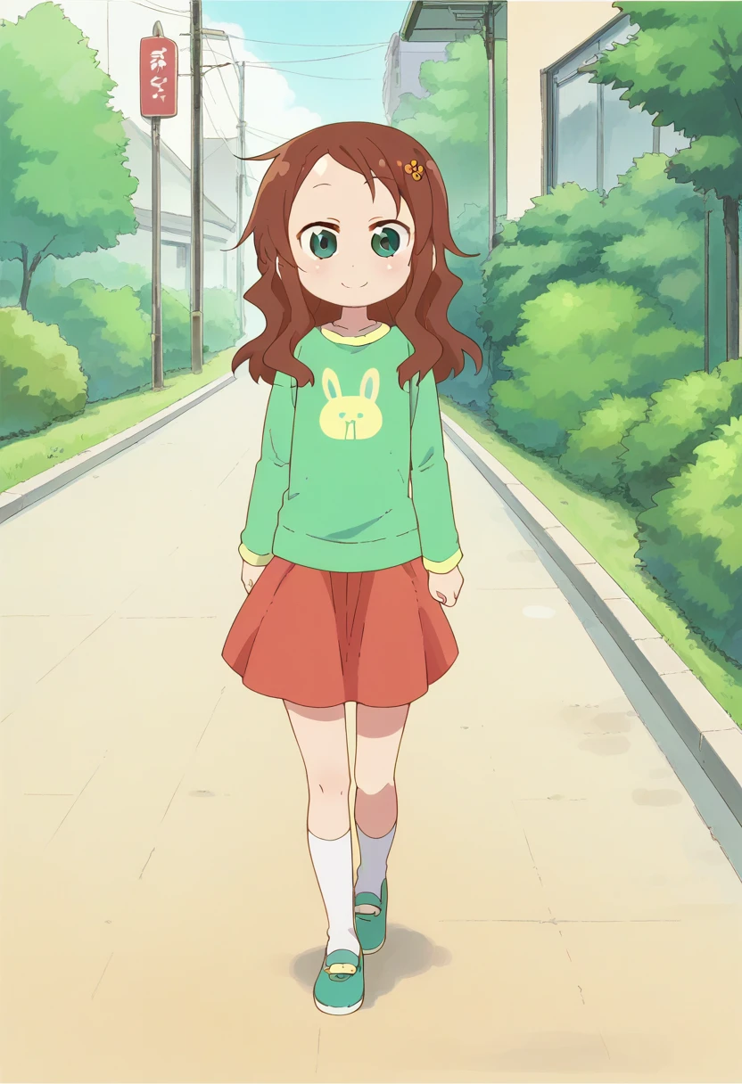1girl, solo, rikos, saicas, long hair, green eyes, brown hair, hair ornament, hairclip, hair flower, red skirt, animal print, green shirt, white socks, green shoes, <lora:PonyXL Riko Saikawa:1>, score_9, score_8_up, score_7_up, score_6_up, score_5_up, score_4_up , anime coloring ,BREAK source_anime, anime,
looking at viewer, smile,
outdoors, neighborhood, walking down the street,