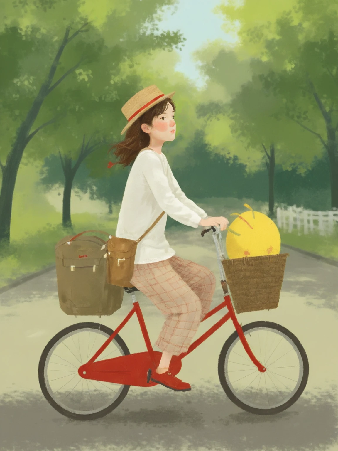 <lora:chatu0516:0.7>,illustrations,1girl,bicycle,bicycle basket,hat,red footwear,solo,bag,long sleeves,basket,ground vehicle,riding,from side,