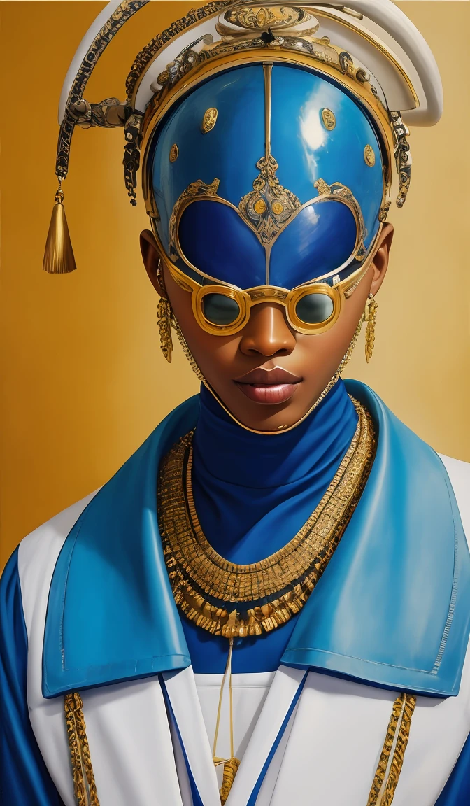 in the style of cyberpunk futurism, african influence, etam cru, light blue and gold, michael creese, steelpunk, michael hussar, white background, best quality, high quality, editorial photo, absurdres, masterpiece, intricate detail, film grain,