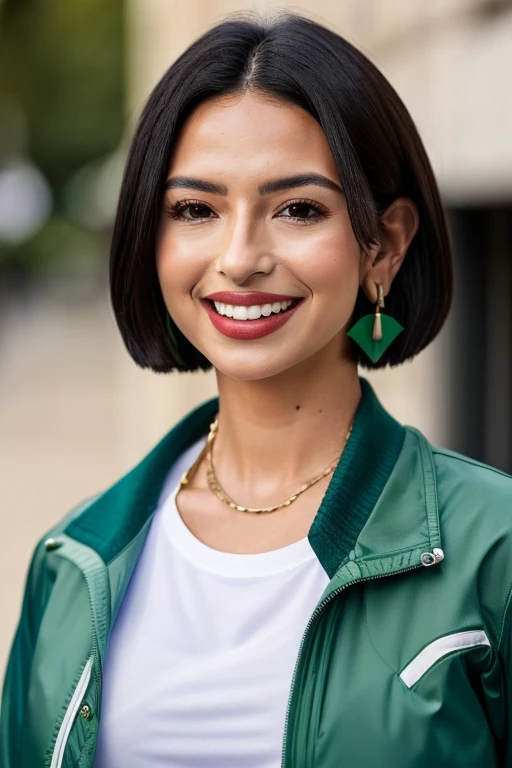 masterpiece, best quality, <lora:aguilar-09:0.7> aguilar, a woman wearing white shirt, green jacket, open jacket, sportswear, upper body, looking at viewer, smile, earrings,