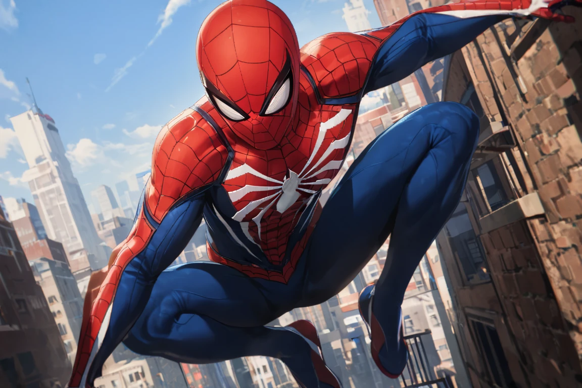 1man,detailed face,extremely detailed,UHD,award wining,correct_anatomy,spiderman ps4,spider web printing,red bodysuit,looking down,sitting on top of building,masterpeice,highly detailed,rich in detail,viewed from below,low_angle<lora:EMS-289246-EMS:0.800000>, <lora:EMS-373988-EMS:1.000000>