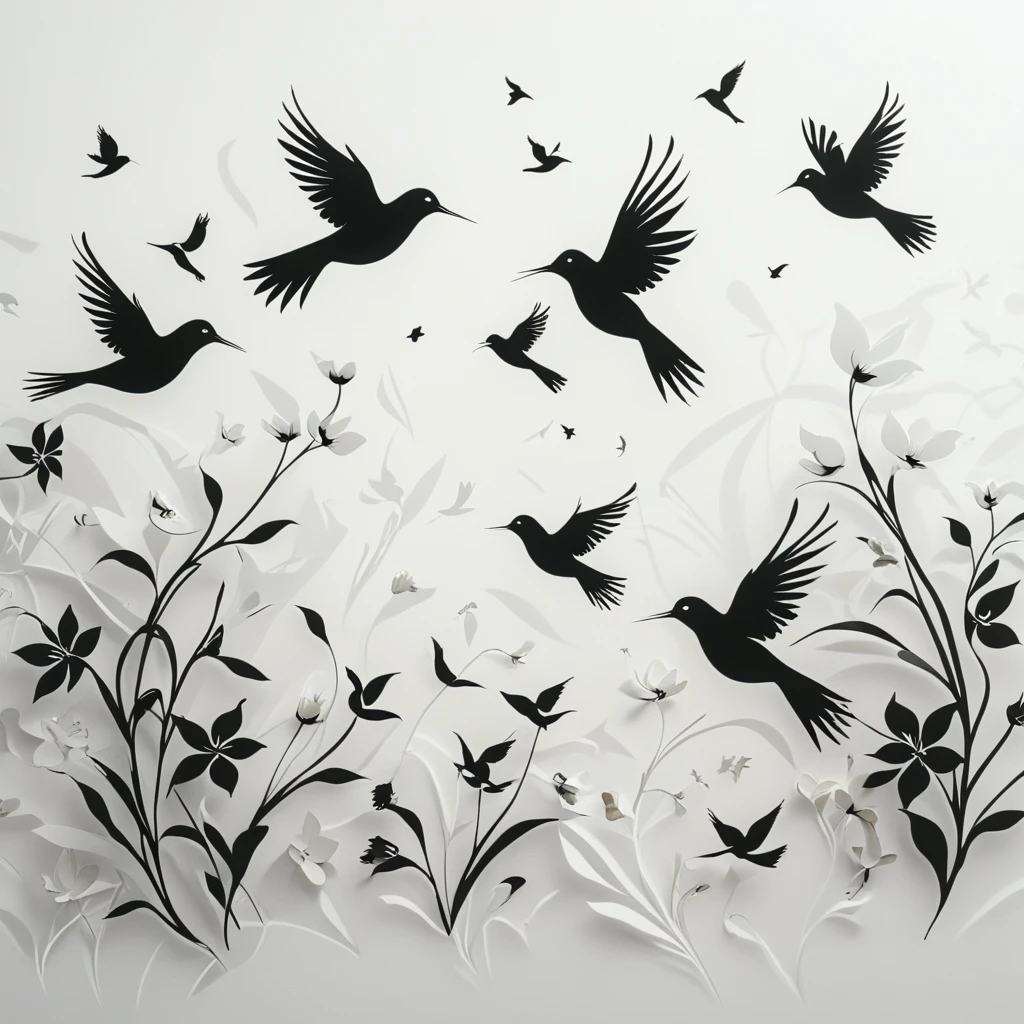 A minimalist and stylized illustration featuring a collection of birds and flowers rendered in black silhouettes. The birds are depicted in various poses, including flying, perching, and standing, with clean and simple lines that create a striking contrast against the white background. The flowers are designed with geometric patterns, adding a modern touch to the natural elements. The composition is sparse and elegant, with ample white space that emphasizes the shapes and forms of the birds and flowers. The overall design is contemporary and visually appealing, showcasing the beauty of nature through a minimalist lens
 <lora:artfullyBIRDS_SDXL_V1:.8> <lora:artfullyPAPERCUT_SDXL_V1:1>, artbrdsprrt, artpprct