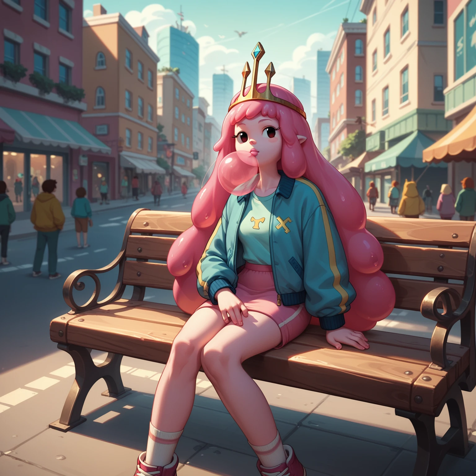 score_9, score_8_up, score_7_up, score_6_up, score_5_up, score_4_up, adventure time screencap, princess bubblegum in techwear jacket and leggins, sitting on bench, city street, looking at viewer