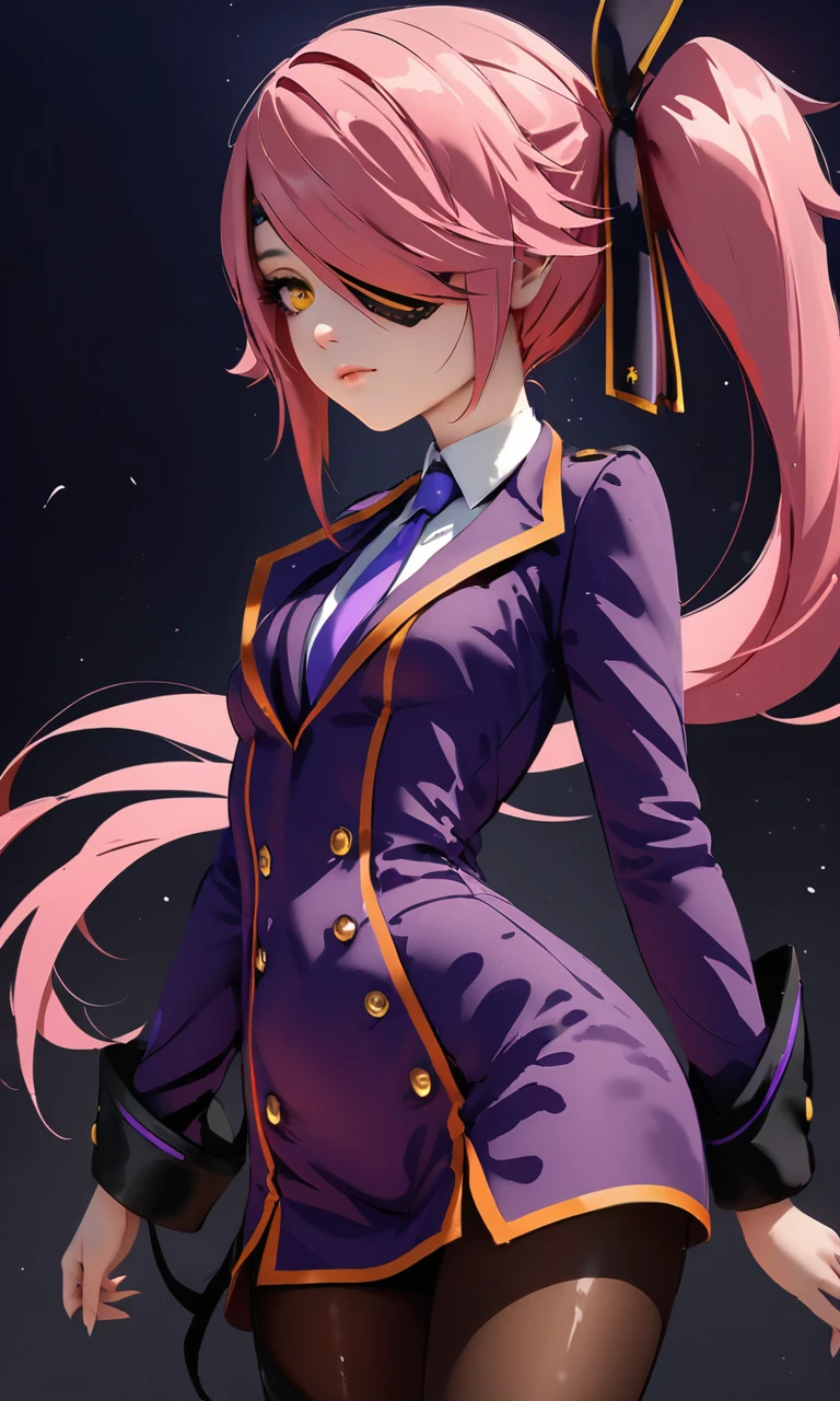 (masterpiece), (best quality), (ultra-detailed), Konoe_Ayatsuki_Mercury \(XB\),1girl, solo, long hair, long sleeves, dress, yellow eyes, pink hair, breasts, small breasts, pantyhose, necktie, hair over one eye,purple uniform, side ponytail, orange eyes, eyepatch, illustration, disheveled hair, detailed eyes, perfect composition, moist skin, intricate details, earrings, by wlop, Konoe_Ayatsuki_Mercury \(XB\),1girl, solo, long hair, long sleeves, dress, yellow eyes, pink hair, breasts, small breasts, pantyhose, necktie, hair over one eye,purple uniform, side ponytail, orange eyes, eyepatch, cinematic, stunning, highly detailed, formal