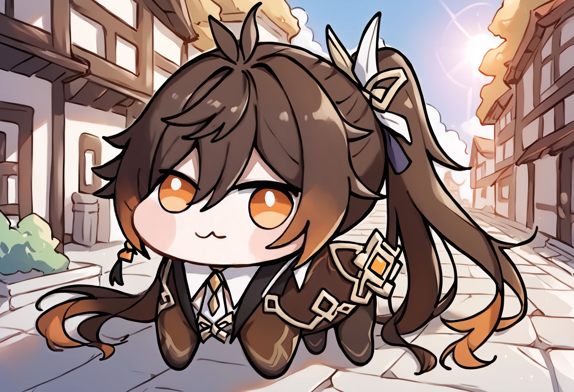 score_9, score_8_up, score_7_up, score_6_up, score_5_up, score_4_up, <lora:intricate_details:0.75> intricate_details_xl, outdoors, sunlight, sunbeam, town
<lora:Genshin_Impact_Zhongli_v1.0-000040:0.7> zhongli, 1boy, solo, zhongli \(genshin impact\), brown hair, orange hair, gradient hair, long hair, ponytail <lora:Doro_X_PDXL_V1:1> doro, creature, :3, chibi, no humans, four legs, solid circle eyes, no pupils