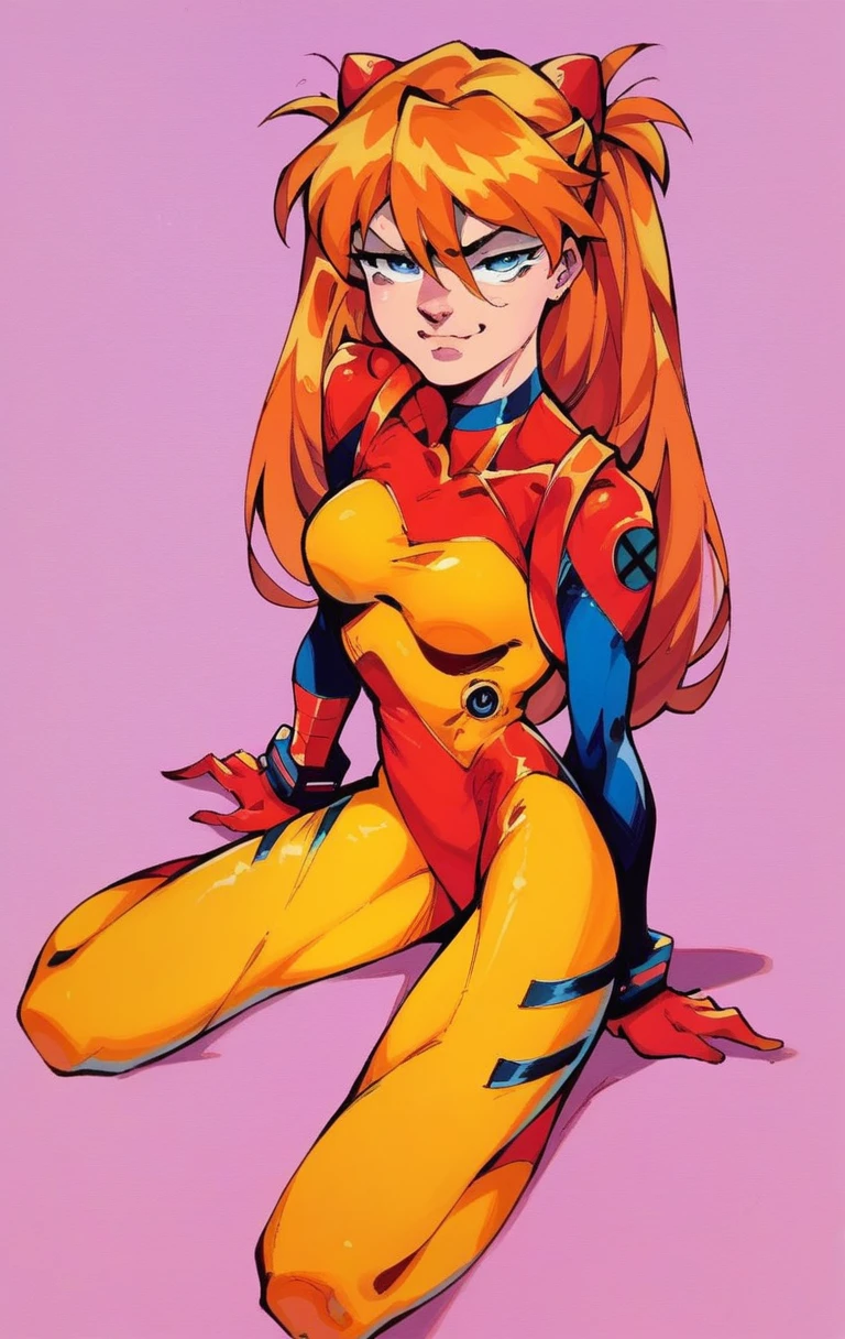 score_9, score_8_up, score_7_up, score_6_up, in clsh artstyle, 1girl, test plugsuit, asuka langley, blue eyes, arm support, breasts, looking at viewer, smug, interface headset, pink background, sitting, solo, cross hatching, shading, traditional media, <lora:j_lee_xmen-06:1>