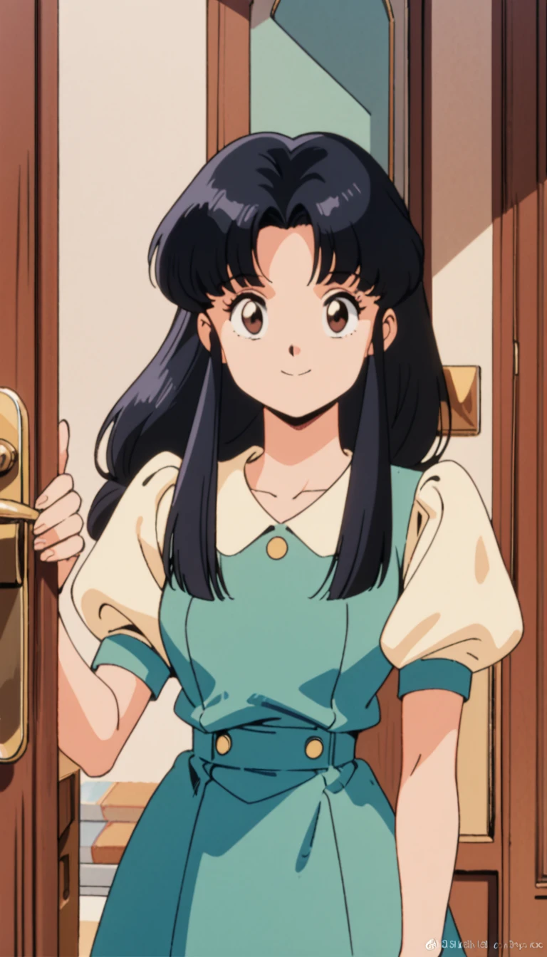 1girl, solo, smile, long hair, black hair, retro artstyle, brown eyes, puffy sleeves, door, looking at viewer, sidelocks, upper body,indoors, bangs, parted bangs <lora:tendo akane_xl_v1:0.7>