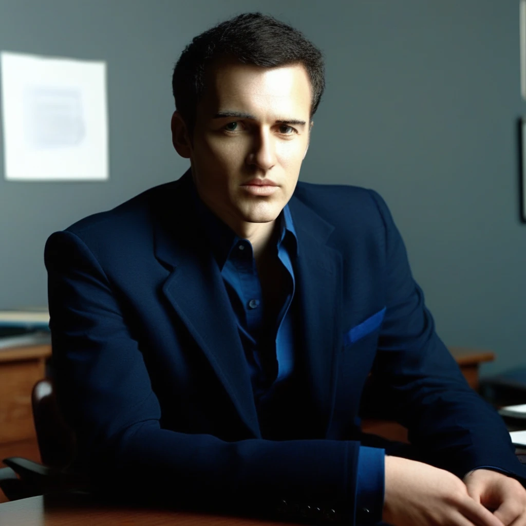 Photograph, 1boy, sitting at an executive desk, low cinematic lighting, dramatic shadows, relaxed pose, inquisitive expression, navy blazer, blue shirt unbuttoned at the neckline, direct gaze, medium full shot, seated pose, from the side