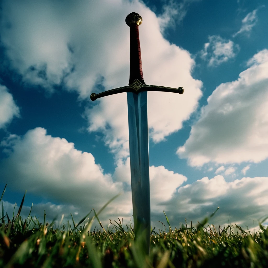 cinematic film still of <lora:detailed:0.2> 
<lora:perfection style:0.2>
<lora:Ron Fricke style:0.1>
 <lora:Braveheart film style:1>
Low angle, from below, In 1280 a sword is in a field,weapon,outdoors,sky,day,sword,cloud,blue sky,no humans,cloudy sky,grass,scenery , 13th century, cinematic, kodak, Braveheart film style, shallow depth of field, vignette, highly detailed, high budget, bokeh, cinemascope, moody, epic, gorgeous, film grain, grainy