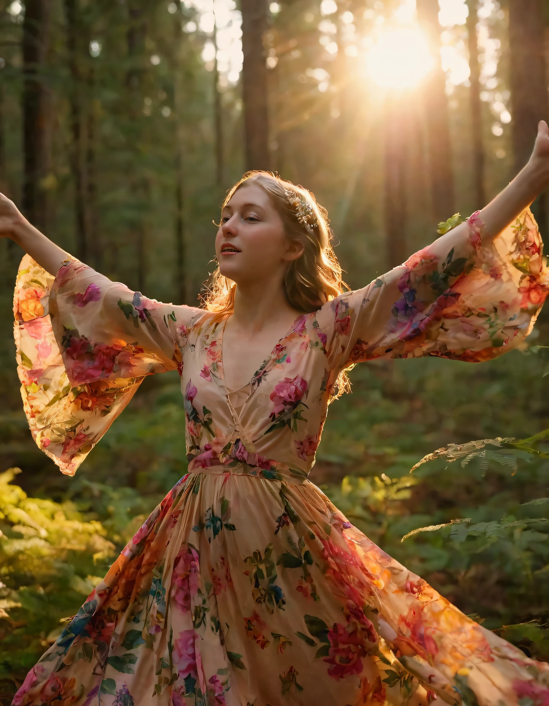As Kamryn Renae, adorned in her captivating outfit of vibrant florals, confidently strides through the mystical forest during an enchanting golden sunset, she effortlessly strikes a graceful pose with outstretched arms, embracing the beauty around her as the camera angled from below catches every detail of this breathtaking moment in time. <lora:pnrzjr18f73573330pf1:1>