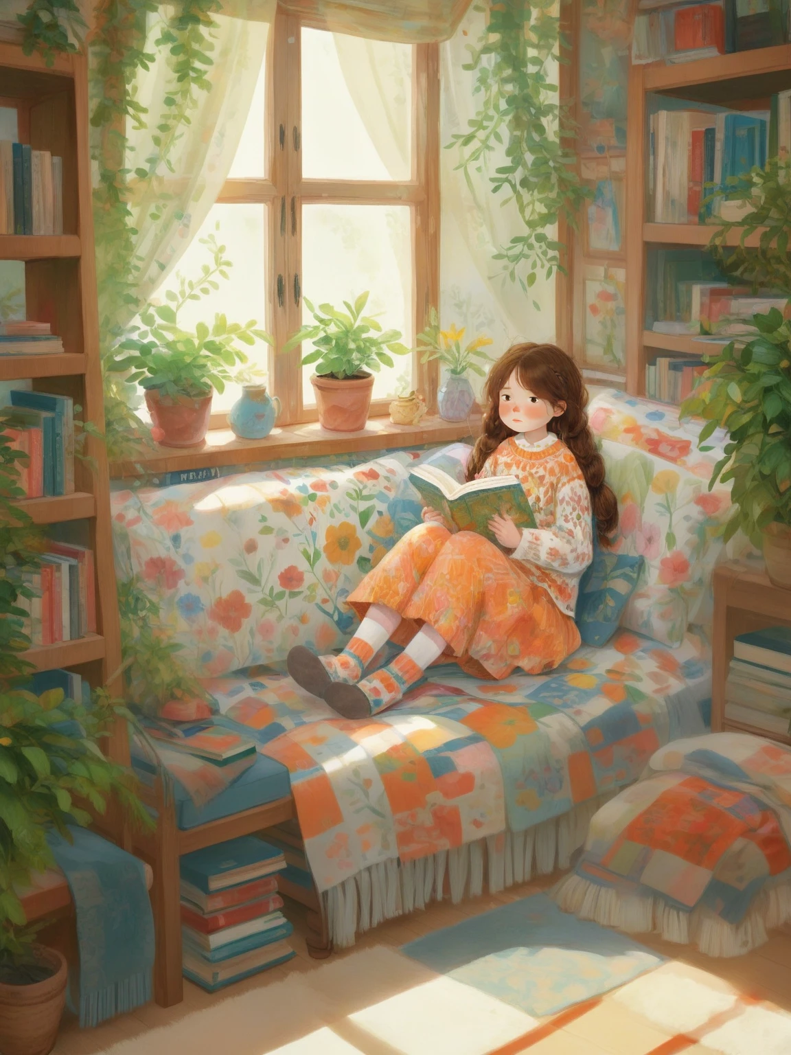 <lora:chatu0516:0.7>,illustrations,1girl,plant,book,solo,potted plant,curtains,brown hair,long hair,indoors,pillow,window,lamp,socks,wide shot,rug,sitting,open book,long sleeves,bookshelf,shelf,couch,holding,braid,flower,skirt,