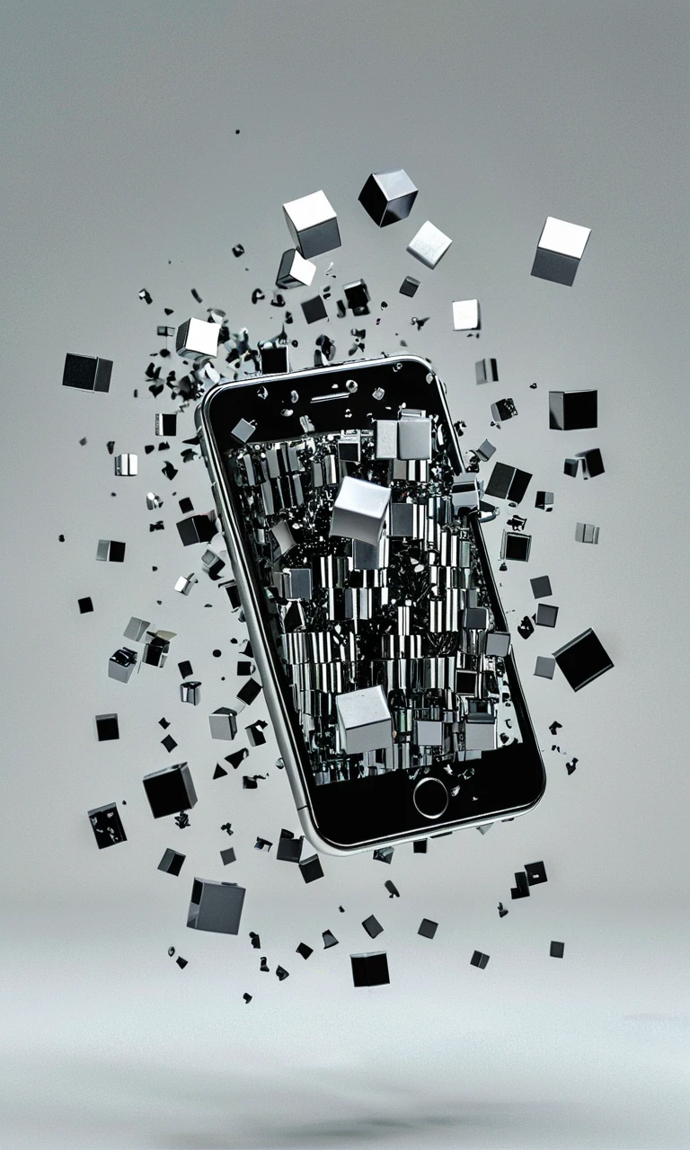 cube impression, smartphone, shattering effect, 3D rendering, digital art, exploded view, black fragments, technology concept, modern, dynamic movement, high-resolution image, gray background, floating pieces, disintegration, conceptual, creative design, center composition, portrait orientation, visual metaphor for data breach or fragility,<lora:cube_XL:0.8>