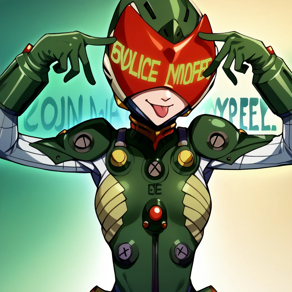 score_9, green helmet, red visor, glowing text, green plugsuit, numbered, quilted bodysuit, bracers, vent <lora:Degen_Mari_Green_v1:1> <lora:pose_aihoshinopose_ponyXL:.95> aihoshinopose, double v, tongue out