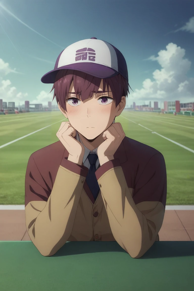 score_9, score_8_up, score_7_up, source_anime, rating_safe, intricate details, , , depth of field, 1boy, solo, male focus, <lora:ryou_hoshino_pony:0.92>, ryou_hoshino, purple hair, purple eyes, short hair, full body, school, day, clouds, breast rest, shy, blush, , golf cap, <lora:sdxl_lightning_8step_lora:1>