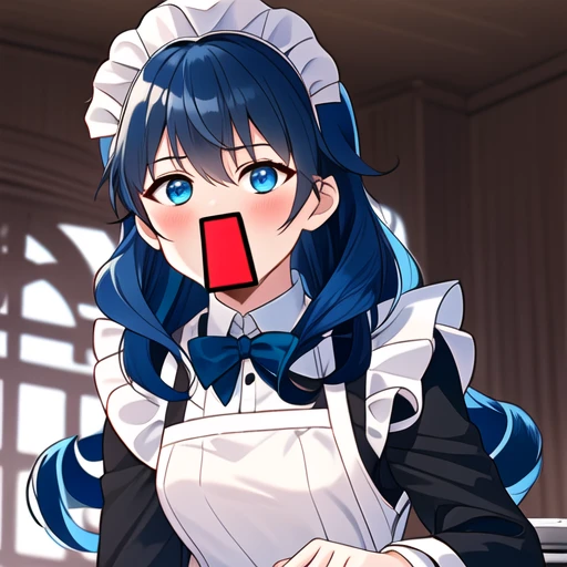 mouth open, white maid outfit, black coat, long black hair, blue hair, brown curly hair