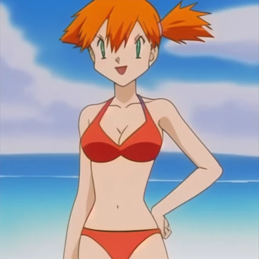 (masterpiece), best quality, expressive eyes, perfect face, Mistry from Pokemon in sexy bikini 30 year old women seductive body medium breasts medium thigs facing towards screen curvy body long hairs scar on chest parted lips Lockhart feminine figure body in bikini, red beautiful expressive eyes , scar on chest, 4k backlighting smirky face full sexy body showing sexy legs .
