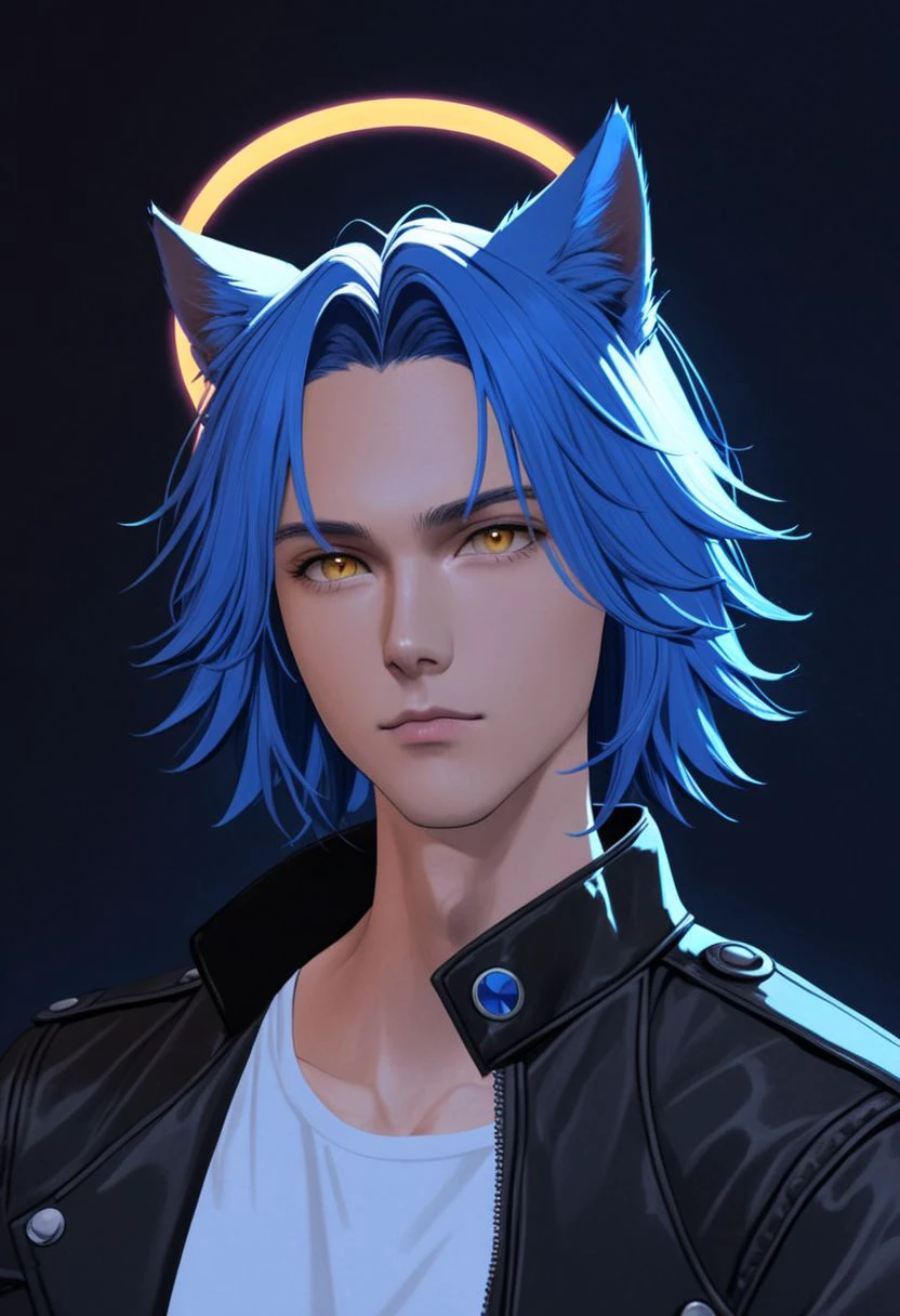 vpzdxizz, solo, animal ears, blue hair, 1boy, male focus, jacket, realistic, halo, shirt, cat ears, leather, looking at viewer, upper body, black jacket, open jacket, open clothes, yellow eyes, closed mouth, white shirt,  portrait, sidelighting, neon lighting, neon halo, ,  cinematic angle, masterpiece, best quality ,