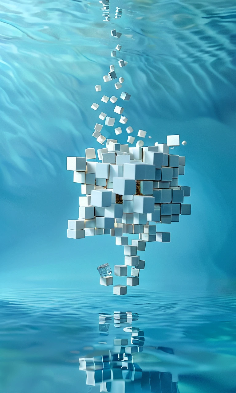 cube impression, digital art, 3D rendering, floating cubes, disintegration effect, water reflection, calm water, abstract, surreal, tranquil scene, nature background, soft light, cool color palette, detailed texture, photorealistic, visual metaphor, modern art, creative concept, peaceful, depth of field, high-resolution image,<lora:cube_XL:0.8>